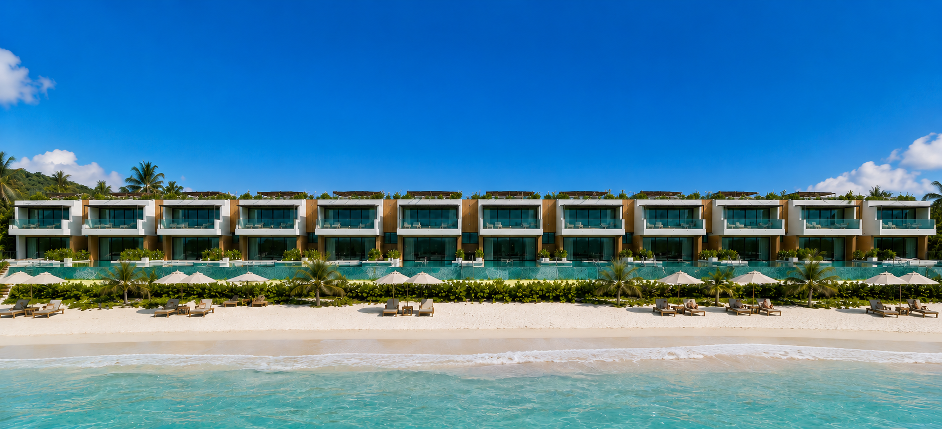 Twelve contemporary residences arranged along a tropical shoreline