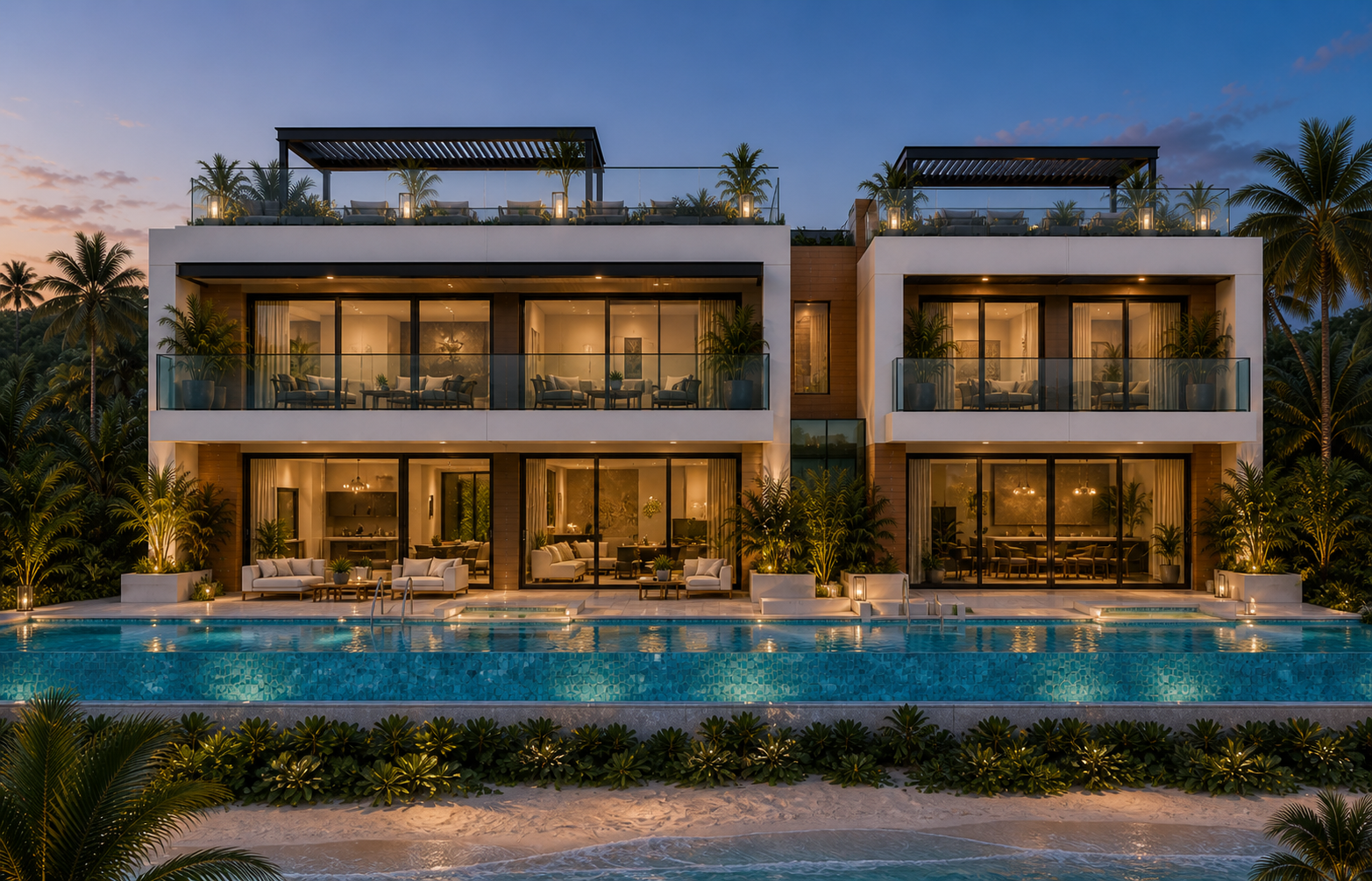 Executive residences illuminated at dusk beside a pool